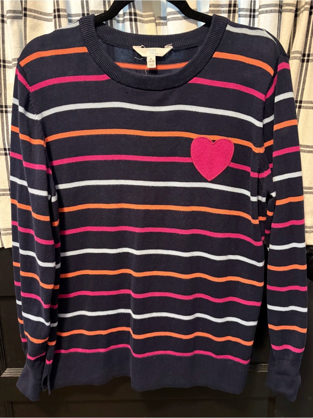 Time & True Navy Pink Orange Striped Sweater with Pink Heart Patch Detail. XL